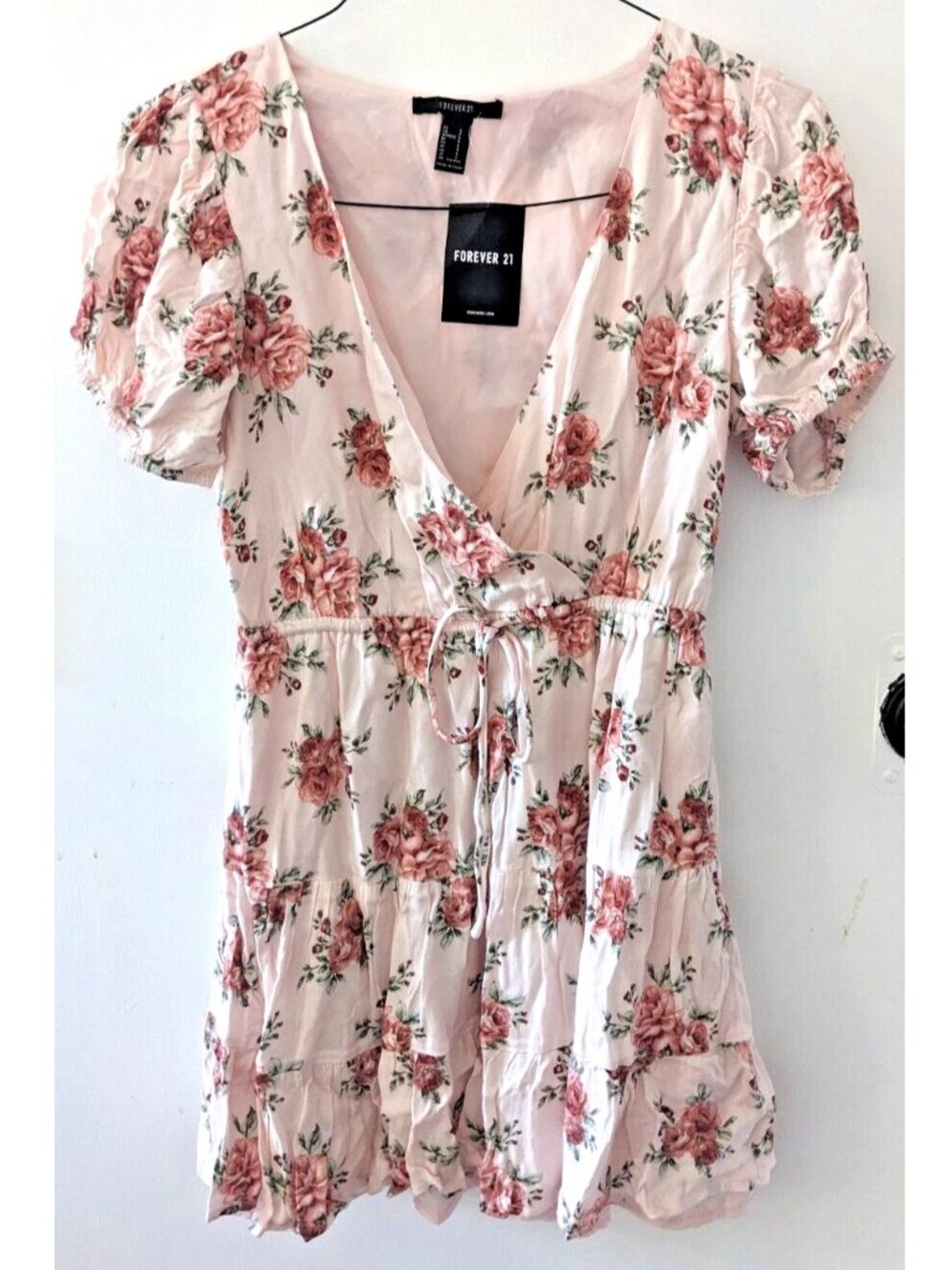 Forever 21 light-pink floral flower print wrap dress womens SMALL balloon sleeve